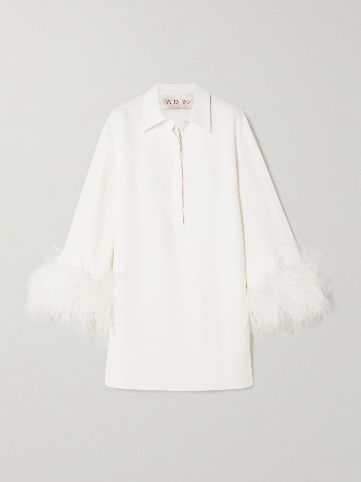 Valentino Feather-trimmed Silk-crepe Mini Shirt Dress In White