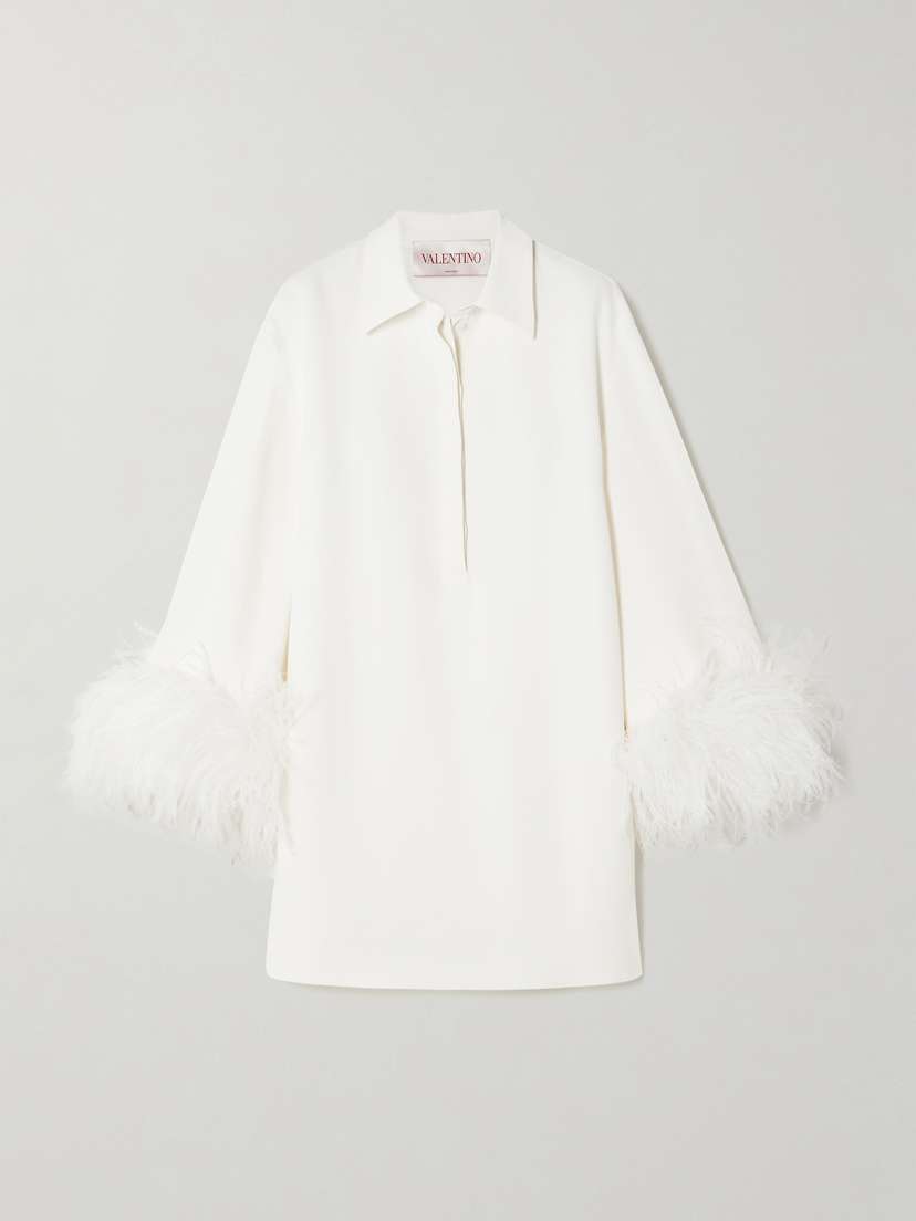 Valentino Garavani Feather-trimmed Silk-crepe Mini Shirt Dress
