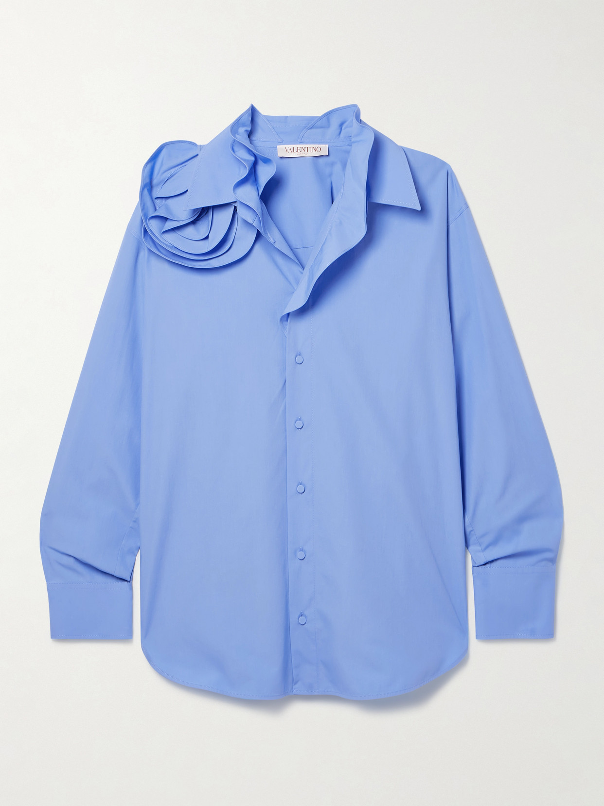 Valentino Appliquéd Silk-trimmed Cotton-poplin Shirt In Blue