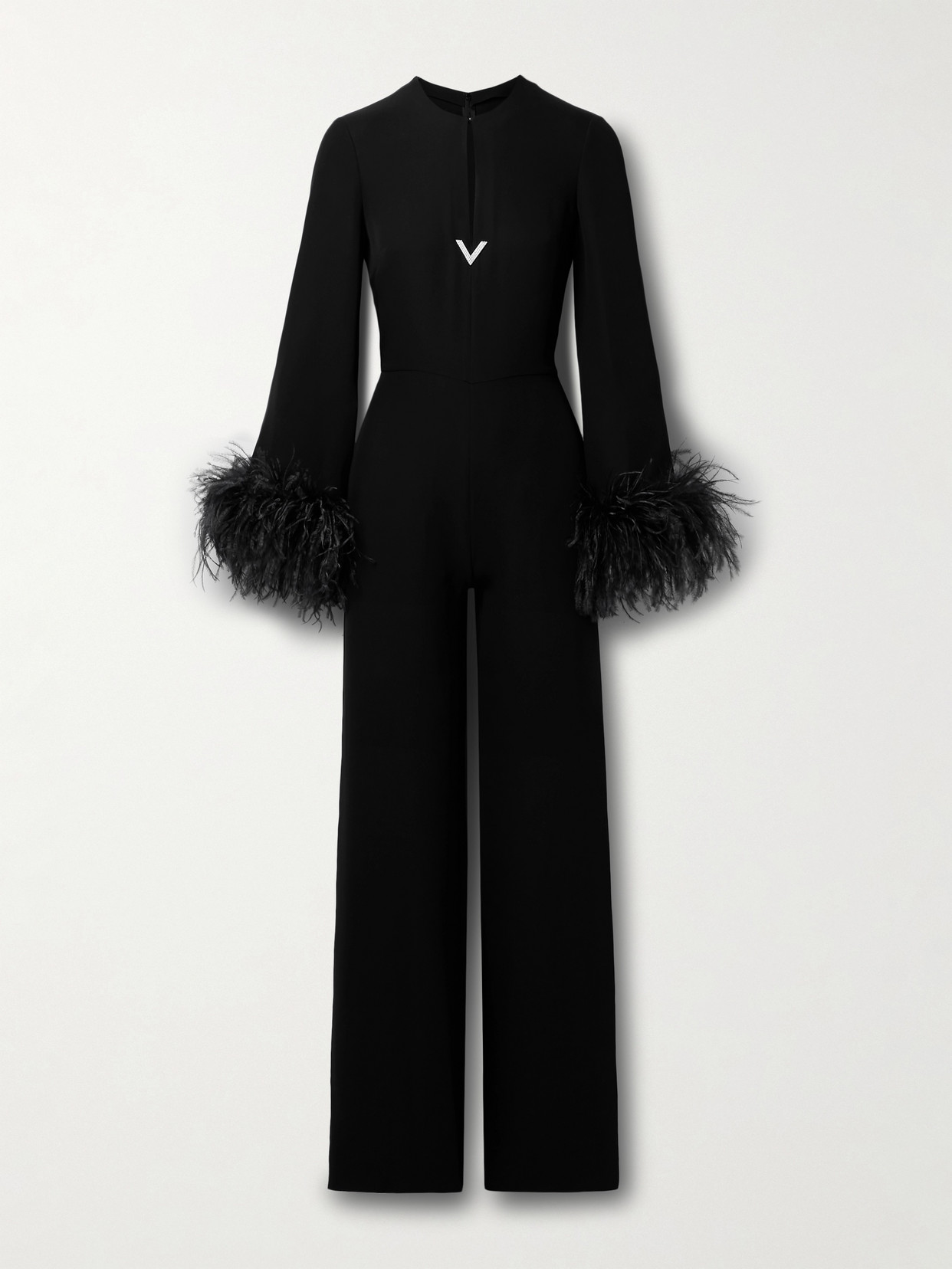 Valentino Cutout Embellished Feather-trimmed Silk Jumpsuit In Black