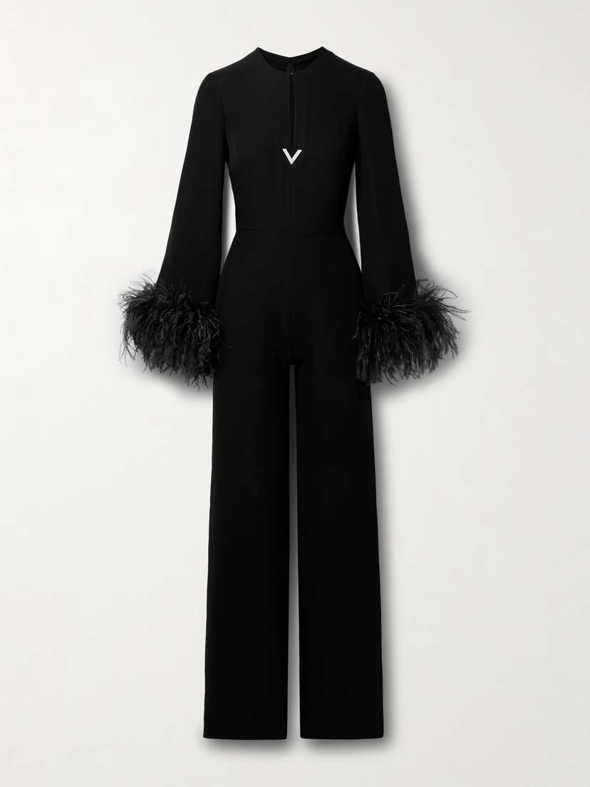 Valentino Garavani Cutout Embellished Feather-trimmed Silk Jumpsuit