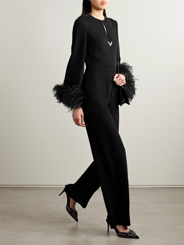 Valentino Garavani Cutout embellished feather-trimmed silk jumpsuit