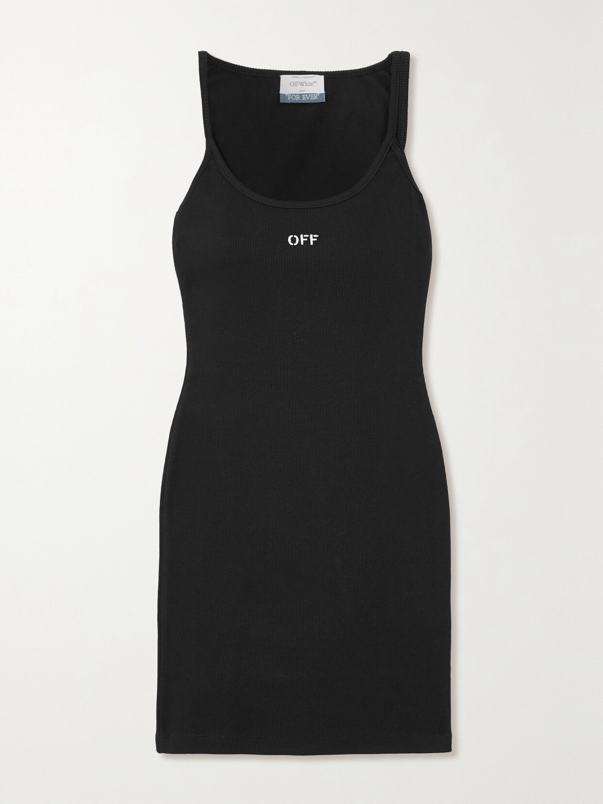 Off-White Embroidered Ribbed Cotton-blend Jersey Mini Dress - Black