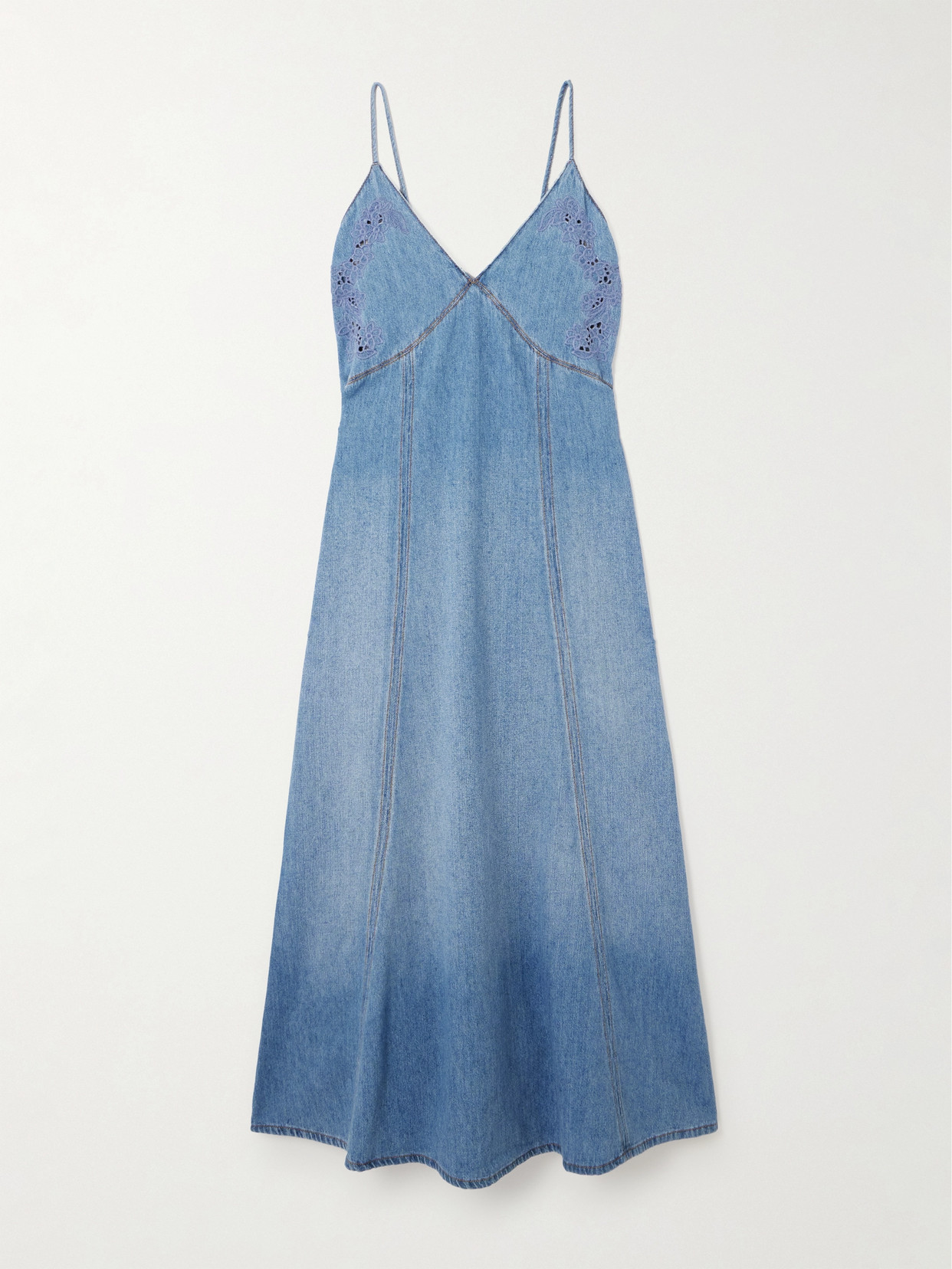 Chloé + Net Sustain Broderie Anglaise Recycled Cotton And Linen-blend Chambray Midi Dress - Blue