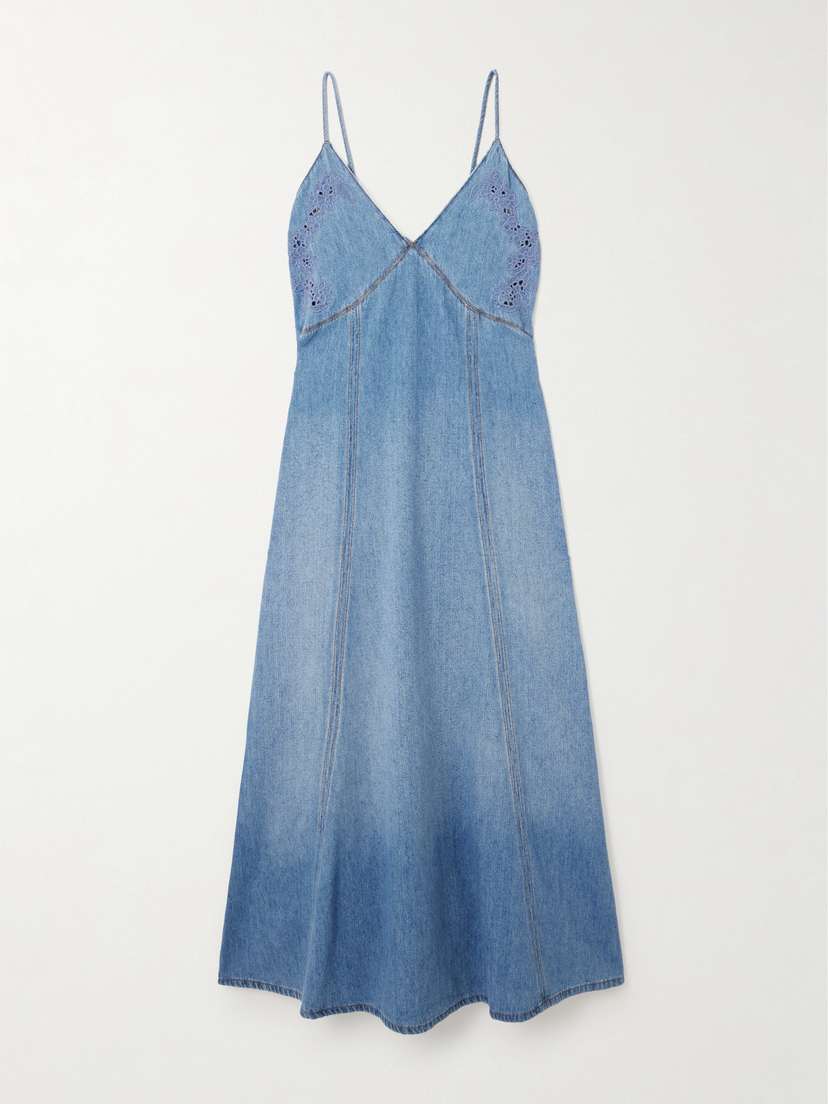 Chloé + Net Sustain Broderie Anglaise Recycled Cotton And Linen-blend Chambray Midi Dress