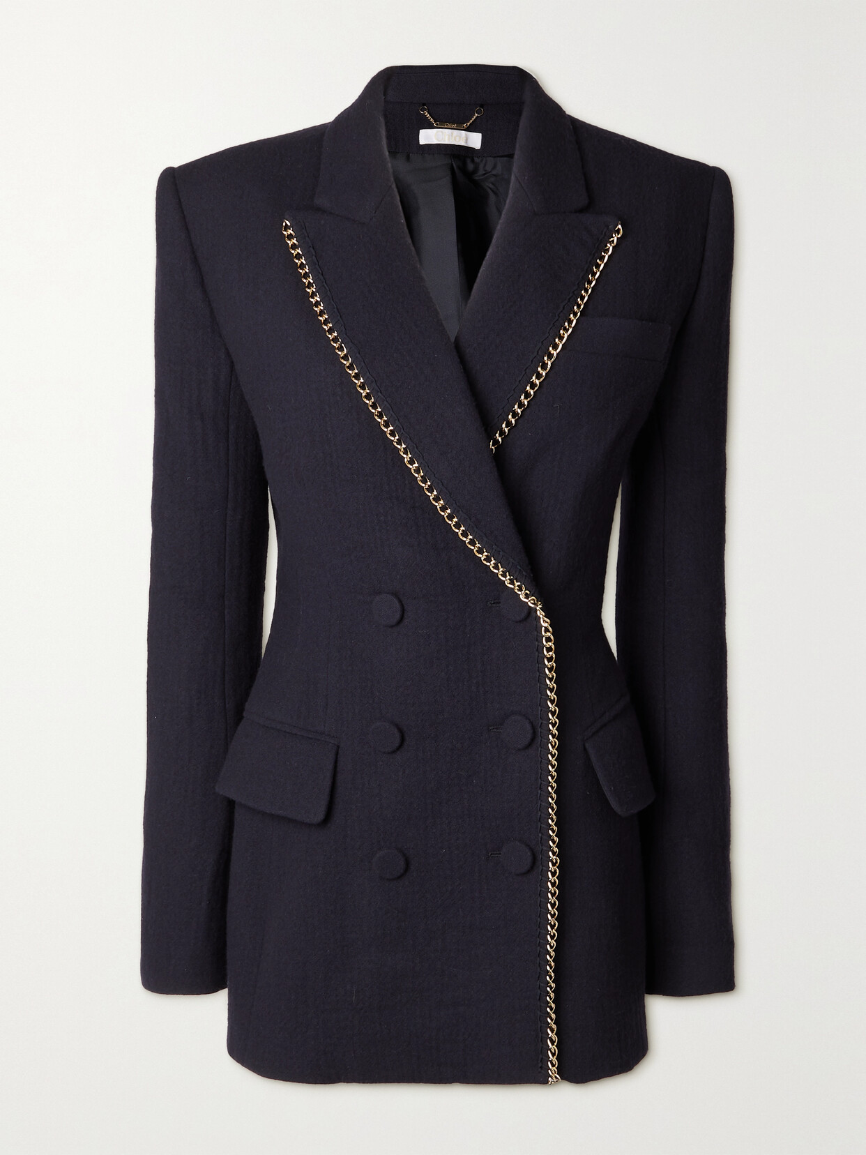 Shop Chloé Double-breasted Chain-embellished Wool Blazer In Blue