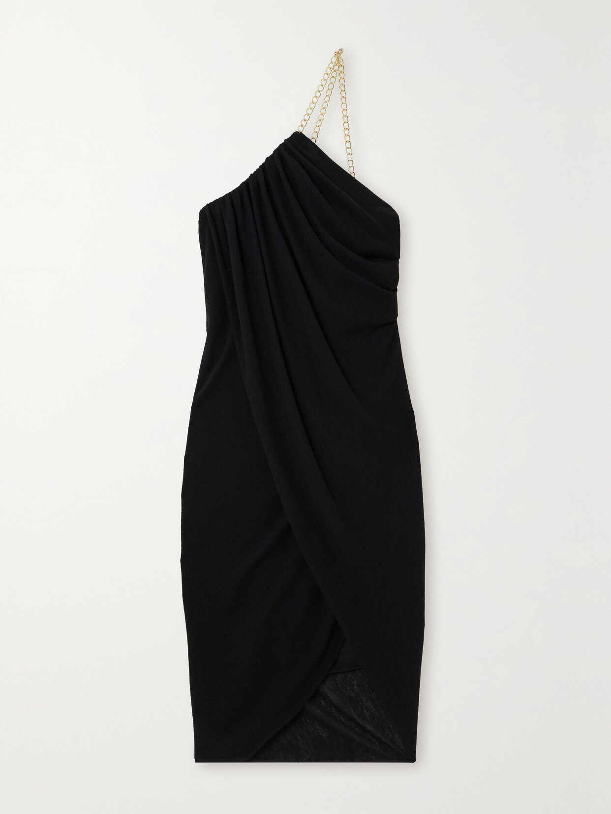 Shop Chloé One-shoulder Chain-embellished Draped Wool-crepe Midi Dress In Black