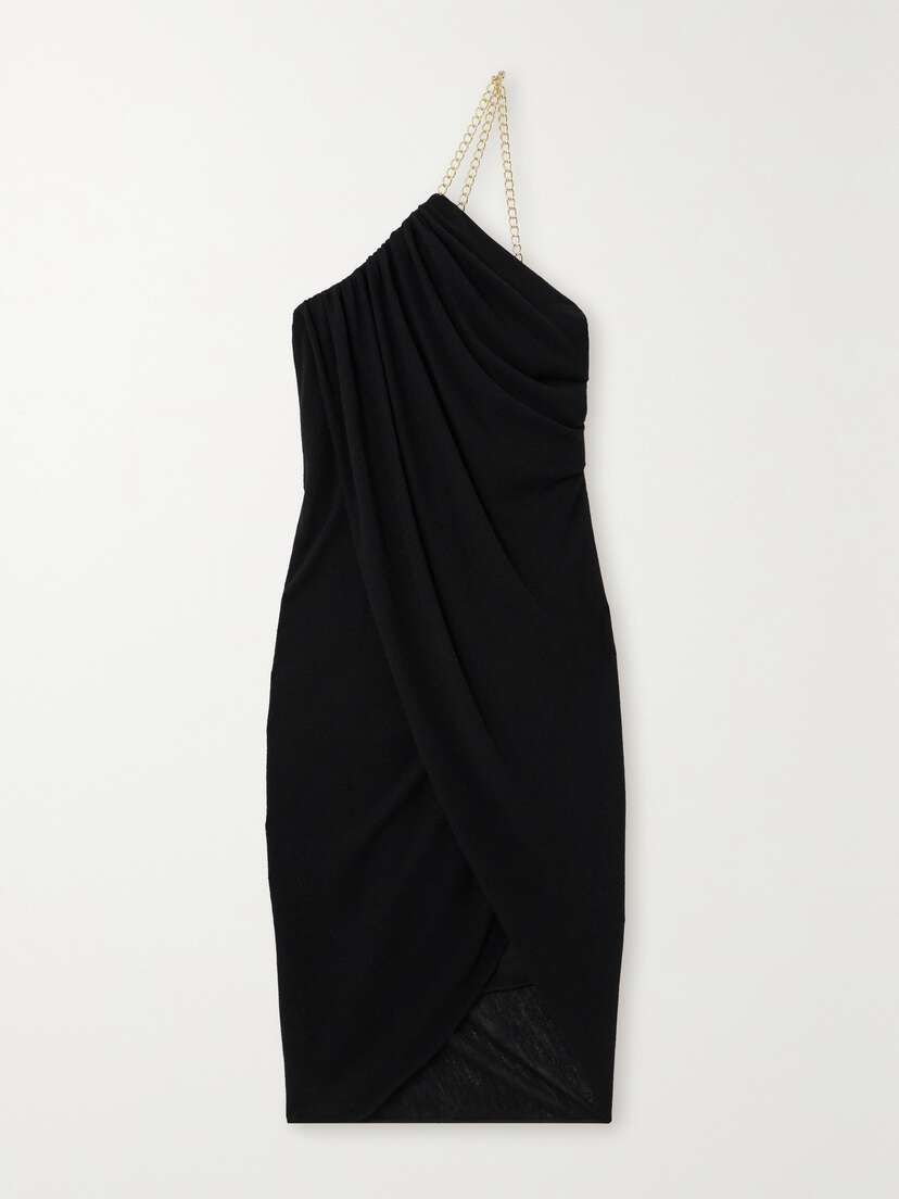 Chloé One-shoulder Chain-embellished Draped Wool-crepe Midi Dress