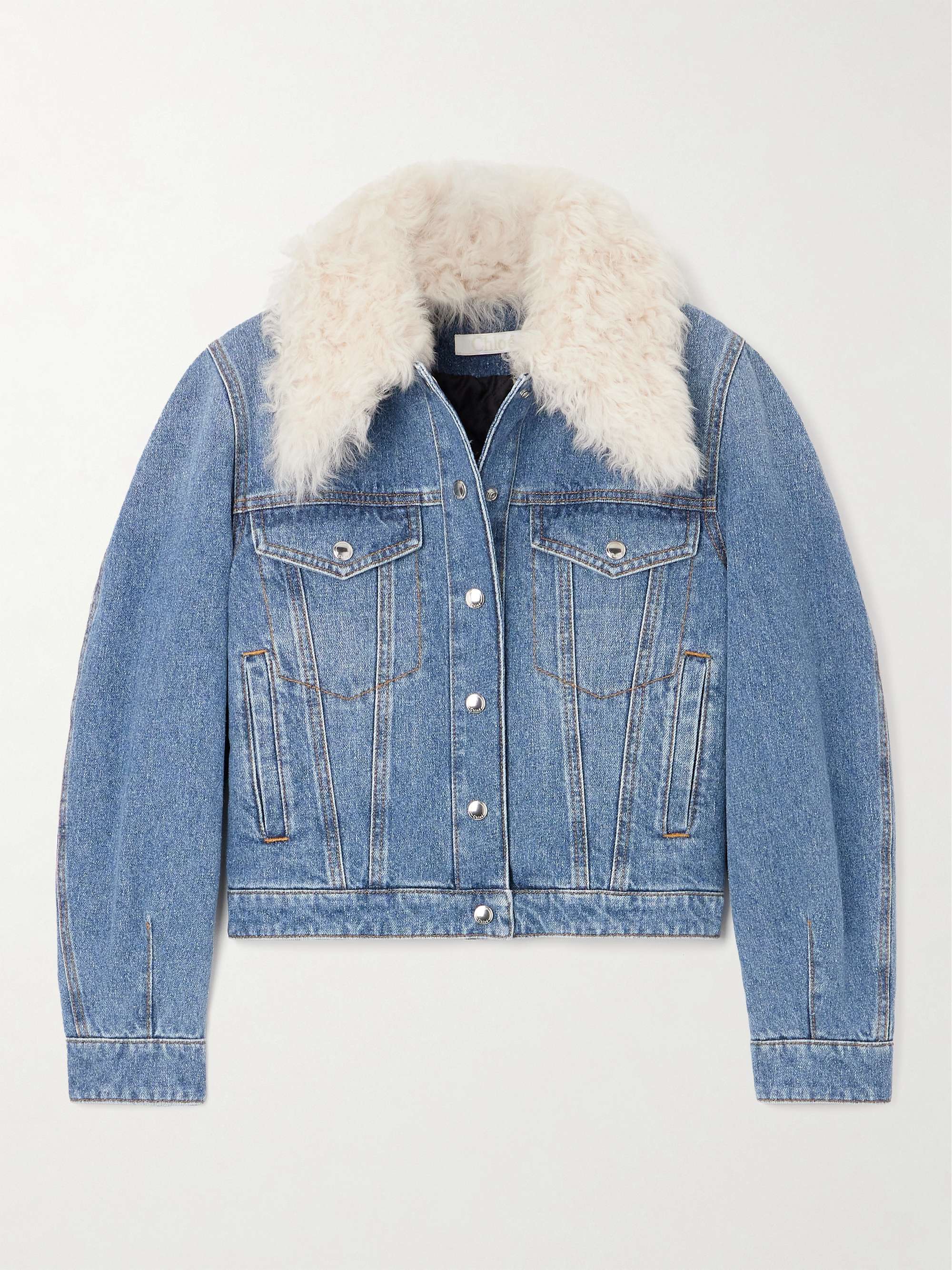 CHLOÉ + NET SUSTAIN Cropped shearling-trimmed denim jacket