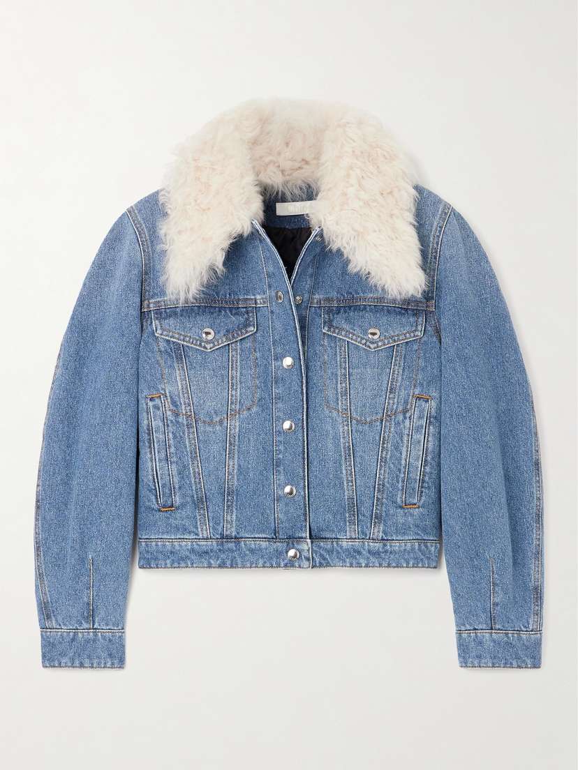 Chloé + Net Sustain Cropped Shearling-trimmed Denim Jacket