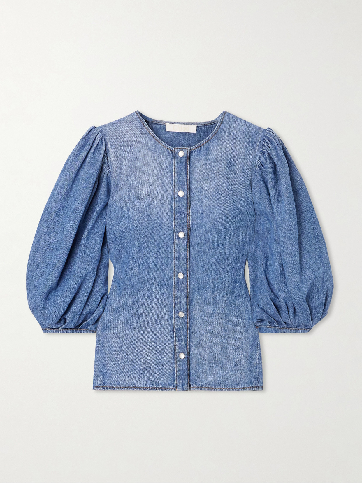 Chloé Chemise Sans Col Manches Ballon Femme Bleu Taille 42 80% Coton, 20% Lin In Blue
