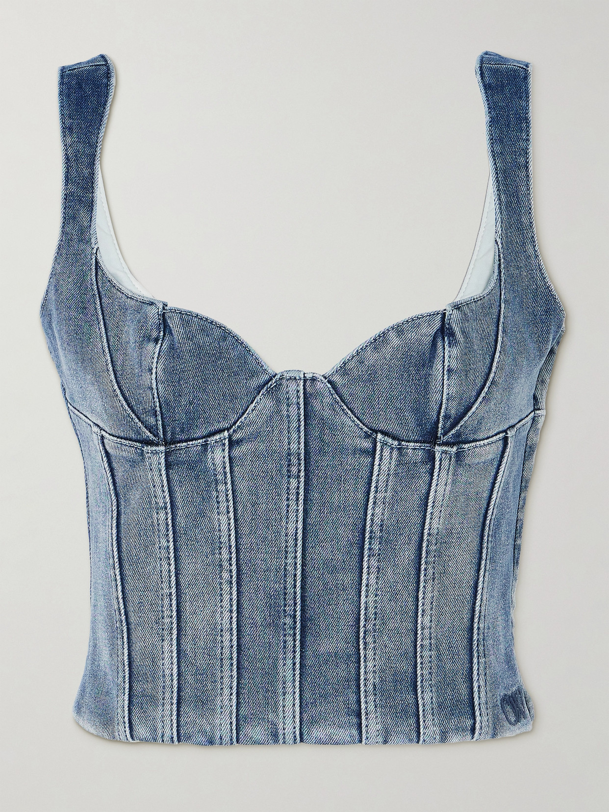 Shop Off-white Cropped Stretch-denim Bustier Top In Blue