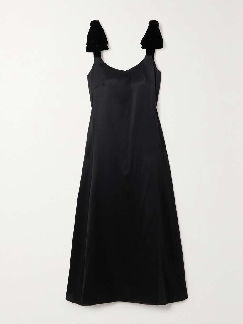 Chloé Bow-embellished Velvet-trimmed Wool And Silk-blend Satin Midi Dress