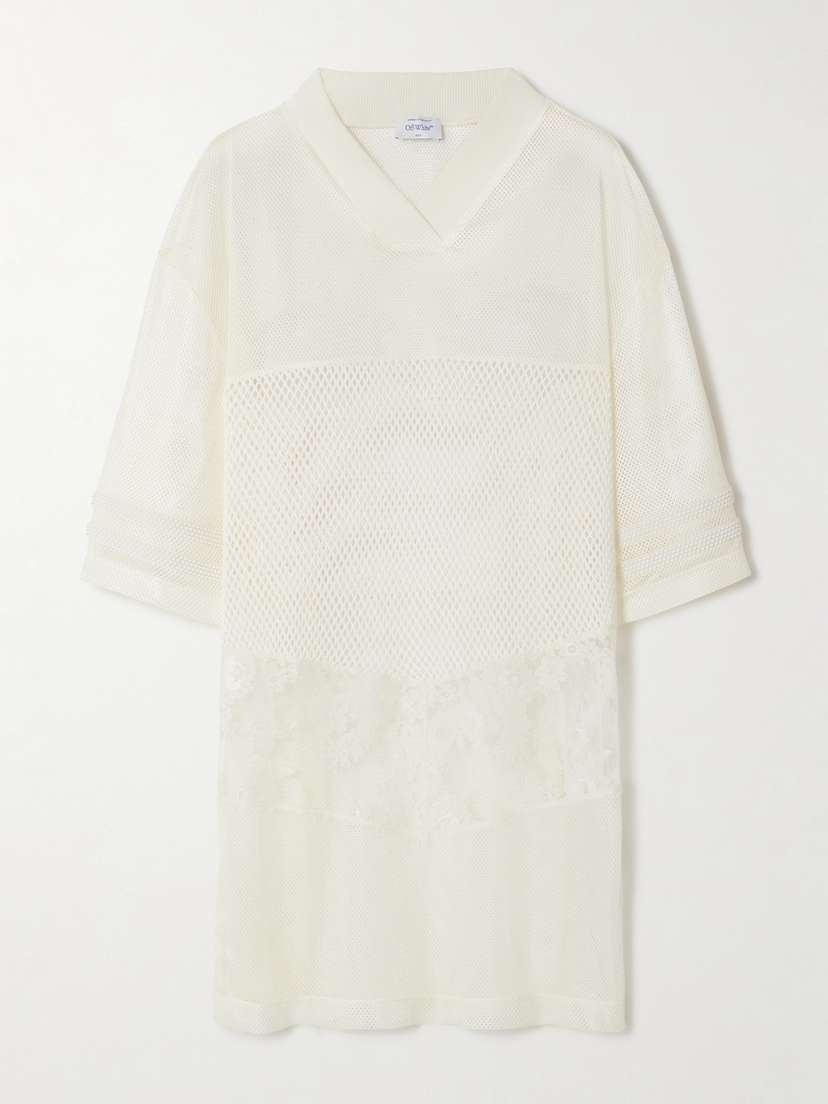 Off-White Embellished Paneled Mesh, Lace, And Open-knit Top