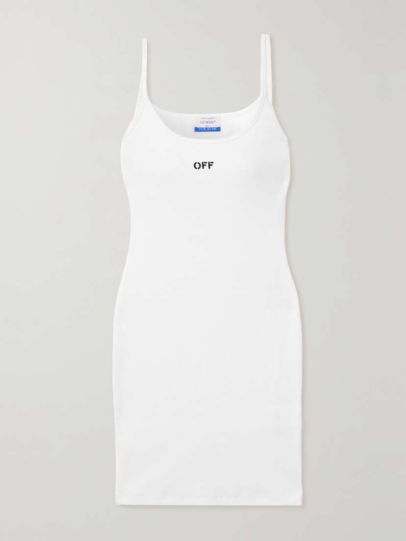 Off-White Embroidered Ribbed Cotton-blend Jersey Mini Dress