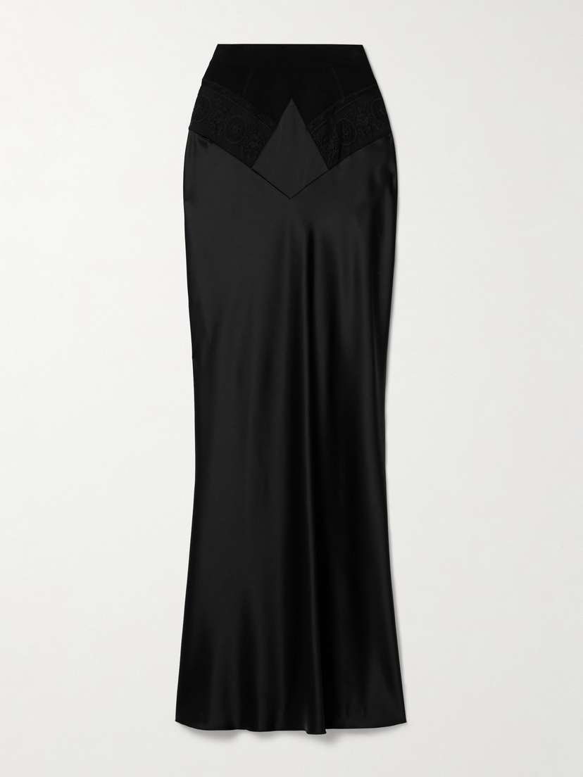Off-White Lace And Jersey-trimmed Satin Maxi Skirt