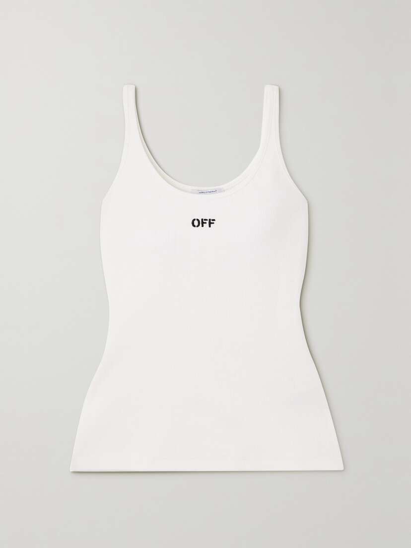 Off-White Embroidered Ribbed Stretch-cotton Jersey Tank