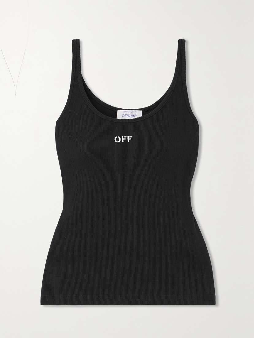 Off-White Embroidered Ribbed Cotton-blend Jersey Top