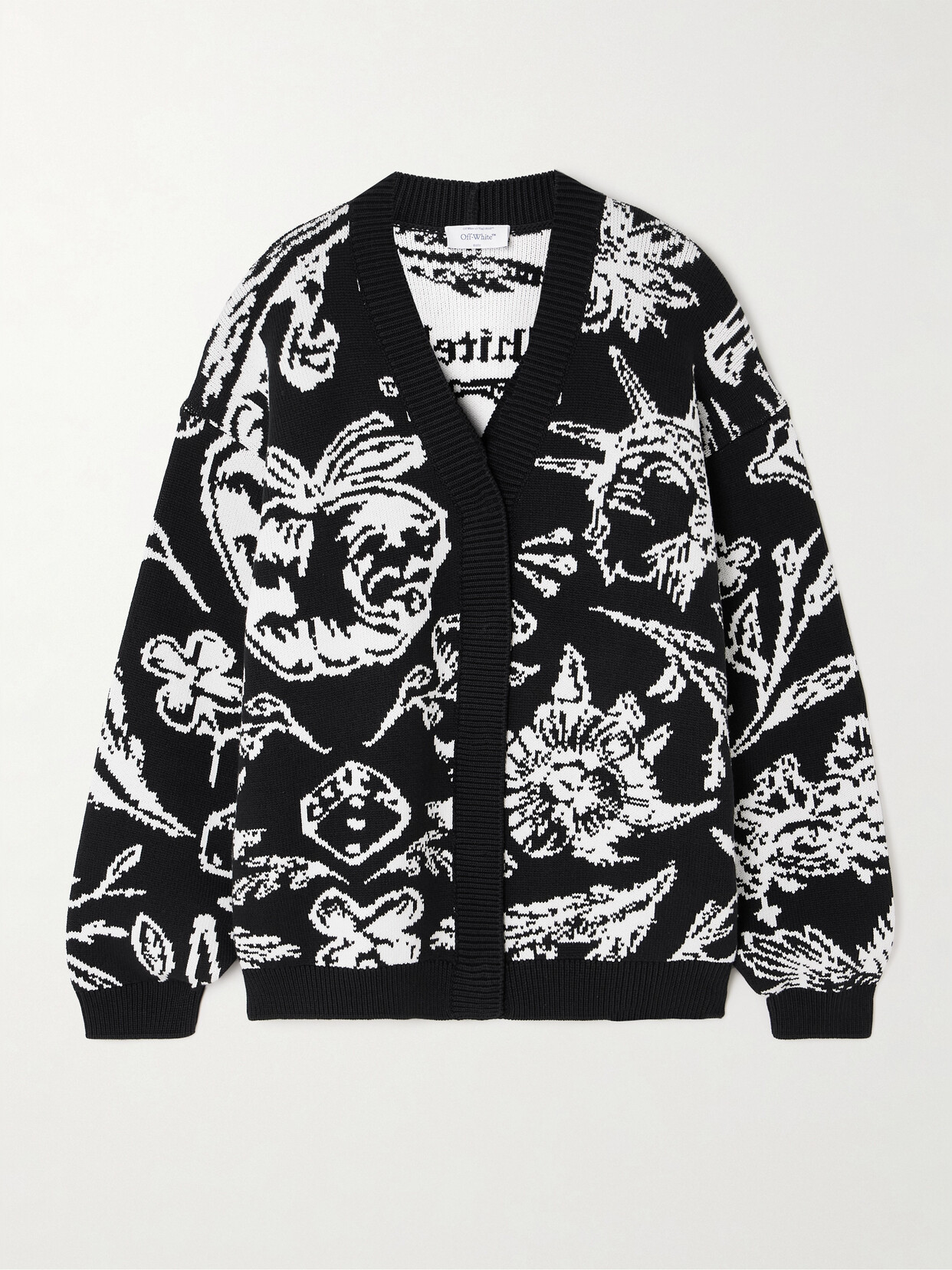 Shop Off-white Tattoo Oversized Cotton-blend Jacquard Cardigan In Black