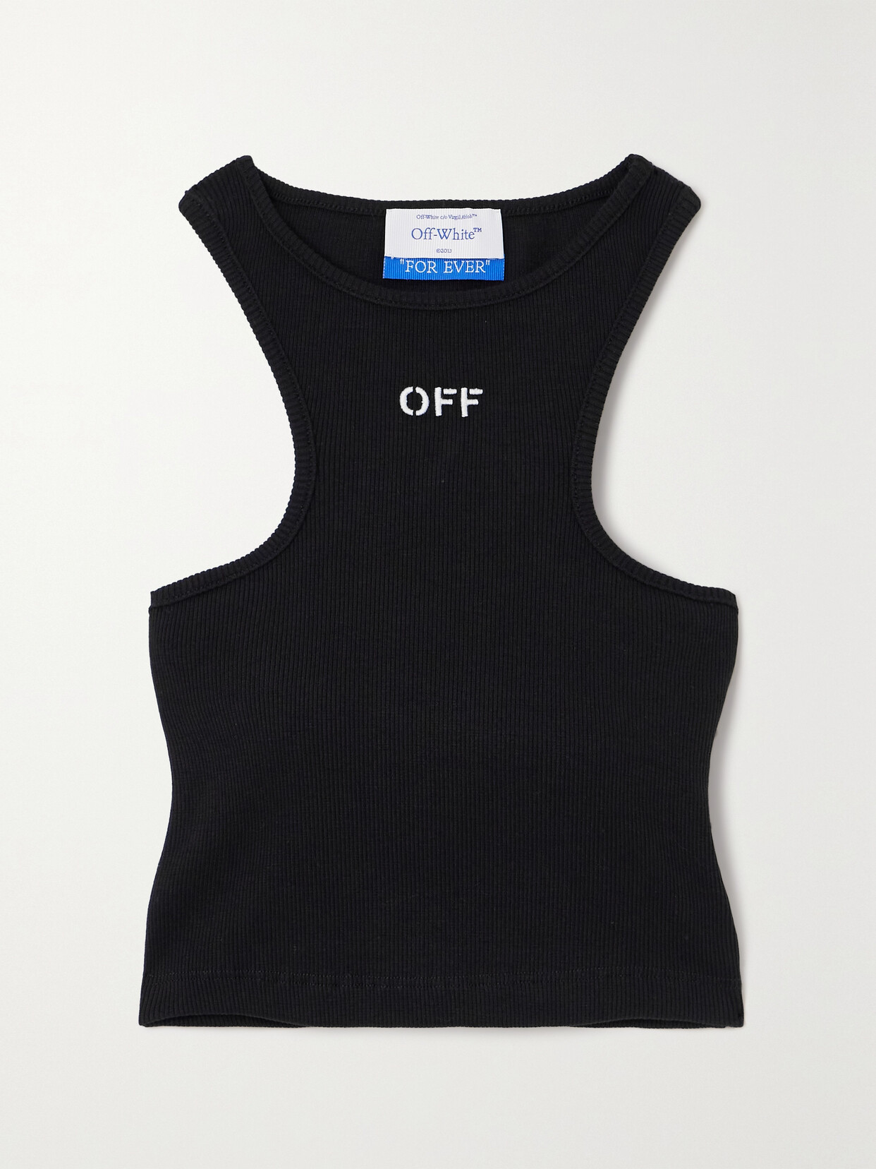 Shop Off-white Cropped Embroidered Ribbed Stretch-cotton Jersey Tank In Black