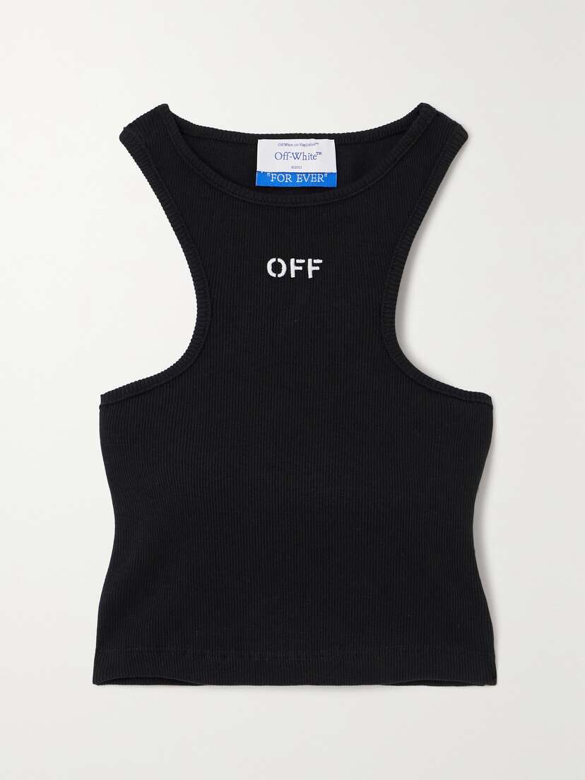 Off-White Cropped Embroidered Ribbed Stretch-cotton Jersey Tank