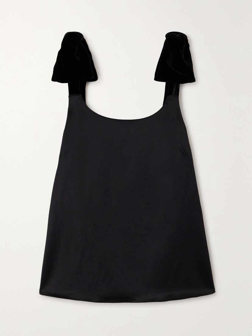 Chloé Bow-embellished Velvet-trimmed Wool And Silk-blend Satin Top