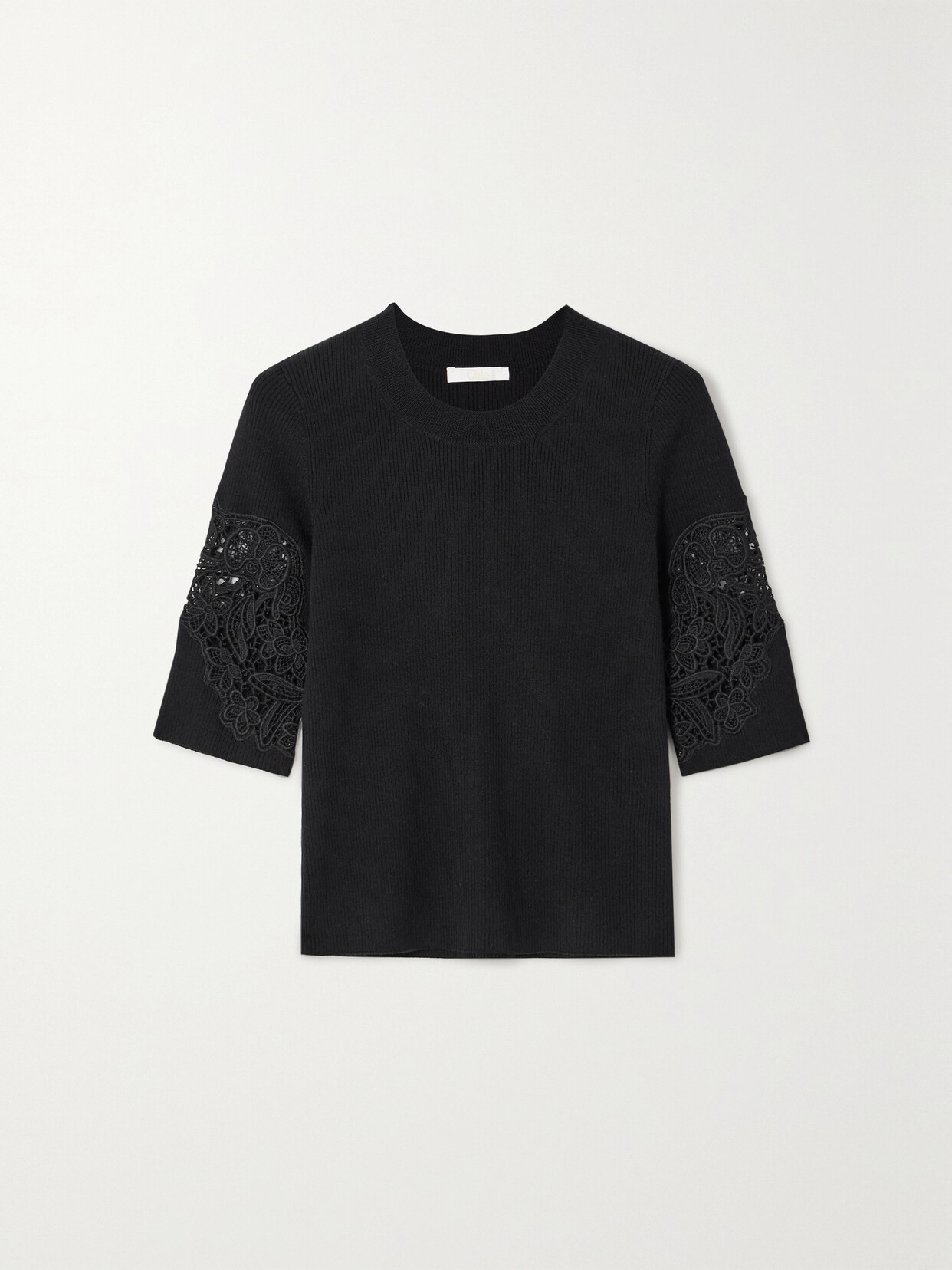 Chloé Guipure Lace-trimmed Ribbed Wool-blend Top - Black