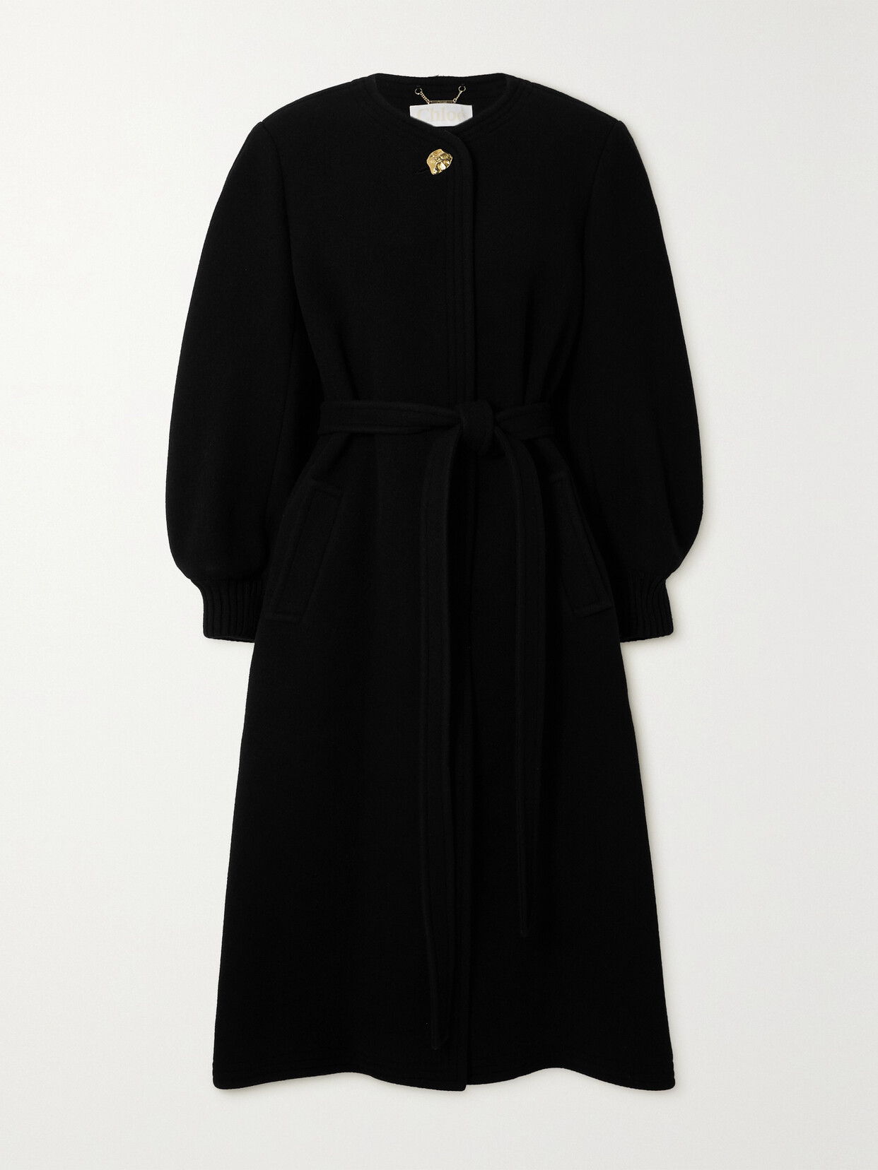 Shop Chloé Embellished Belted Wool-blend Coat In Black