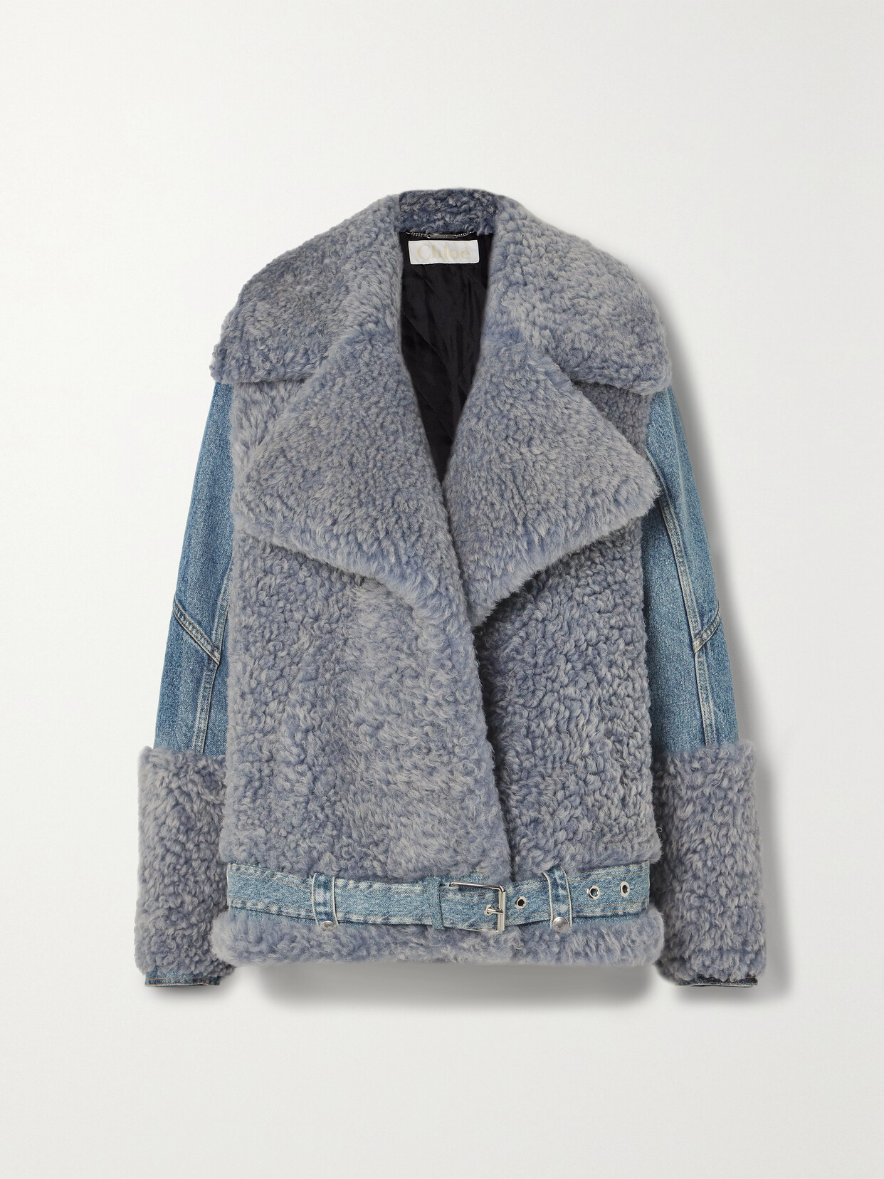 CHLOÉ OVERSIZED PANELED SHEARLING AND DENIM JACKET