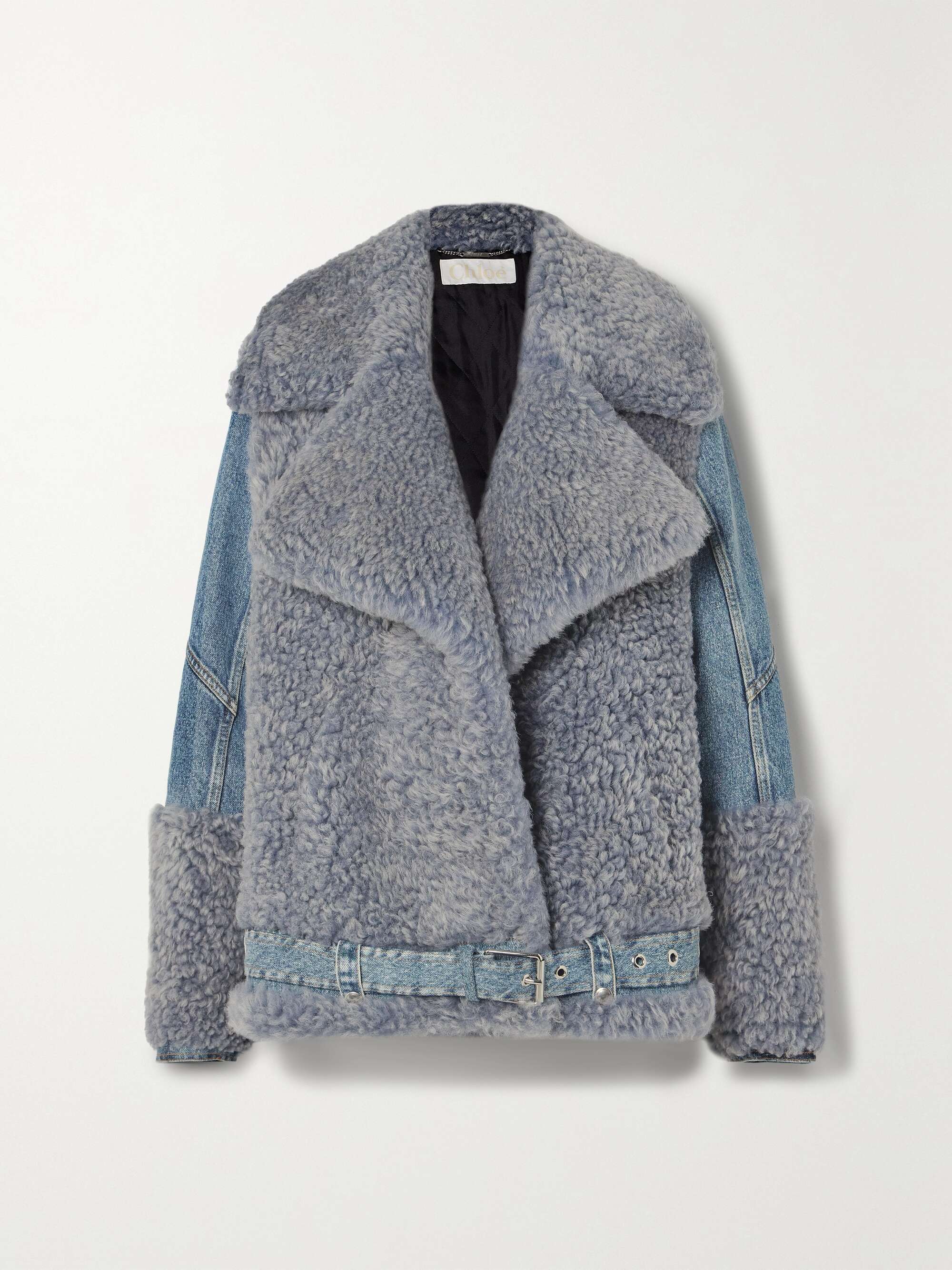 CHLOÉ Oversized paneled shearling and denim jacket | NET-A-PORTER