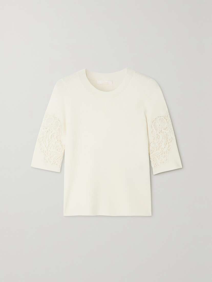 Chloé Guipure Lace-trimmed Ribbed Wool-blend Top - x large