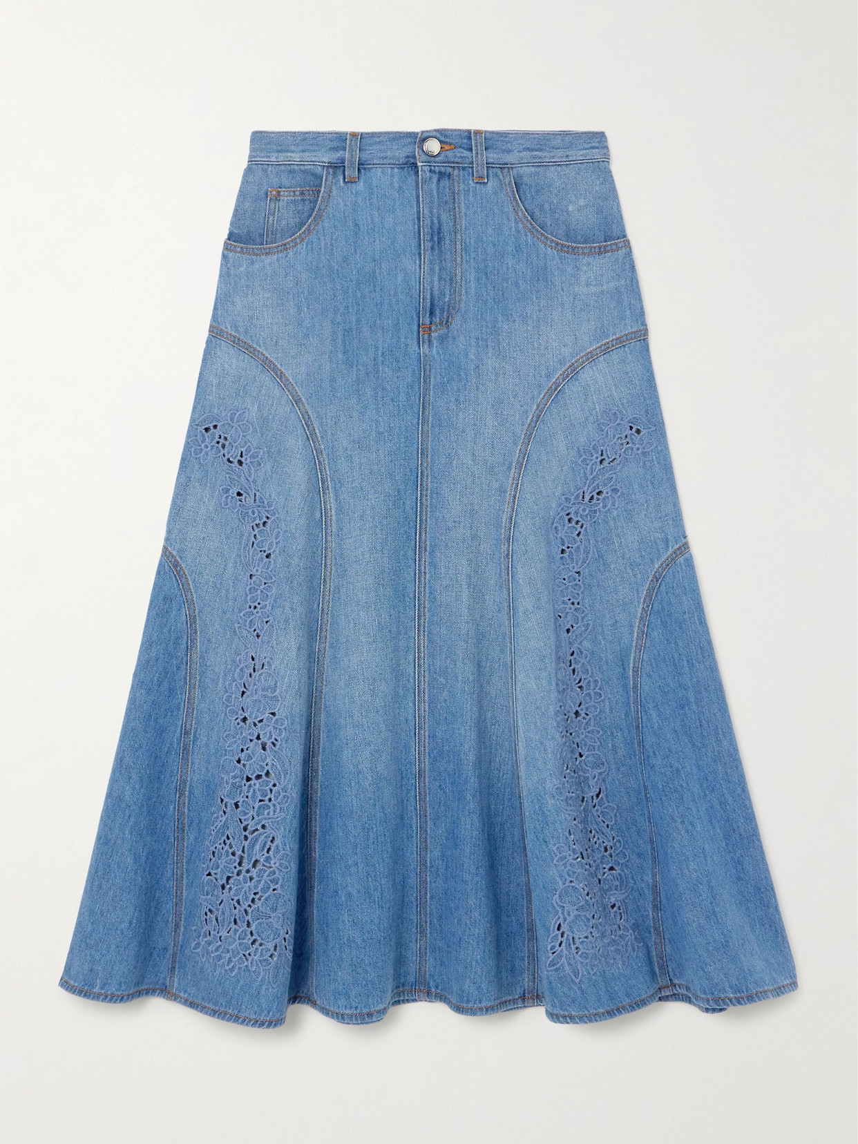 Chloé + Net Sustain Broderie Anglaise-trimmed Recycled Denim Midi Skirt - Blue