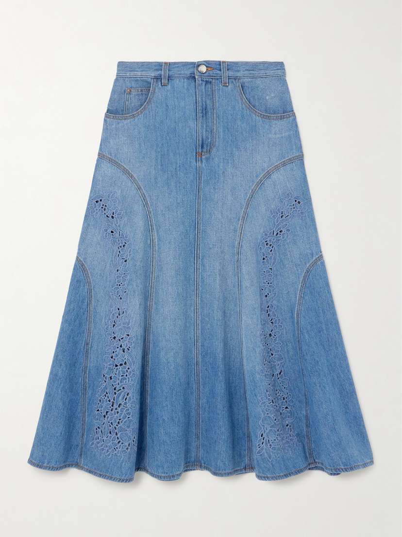 Chloé + Net Sustain Broderie Anglaise-trimmed Recycled Denim Midi Skirt