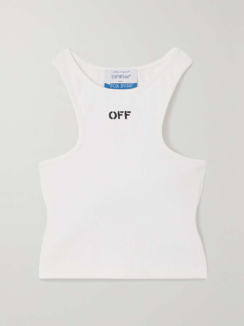 Off-White Cropped Embroidered Ribbed Stretch-cotton Jersey Tank