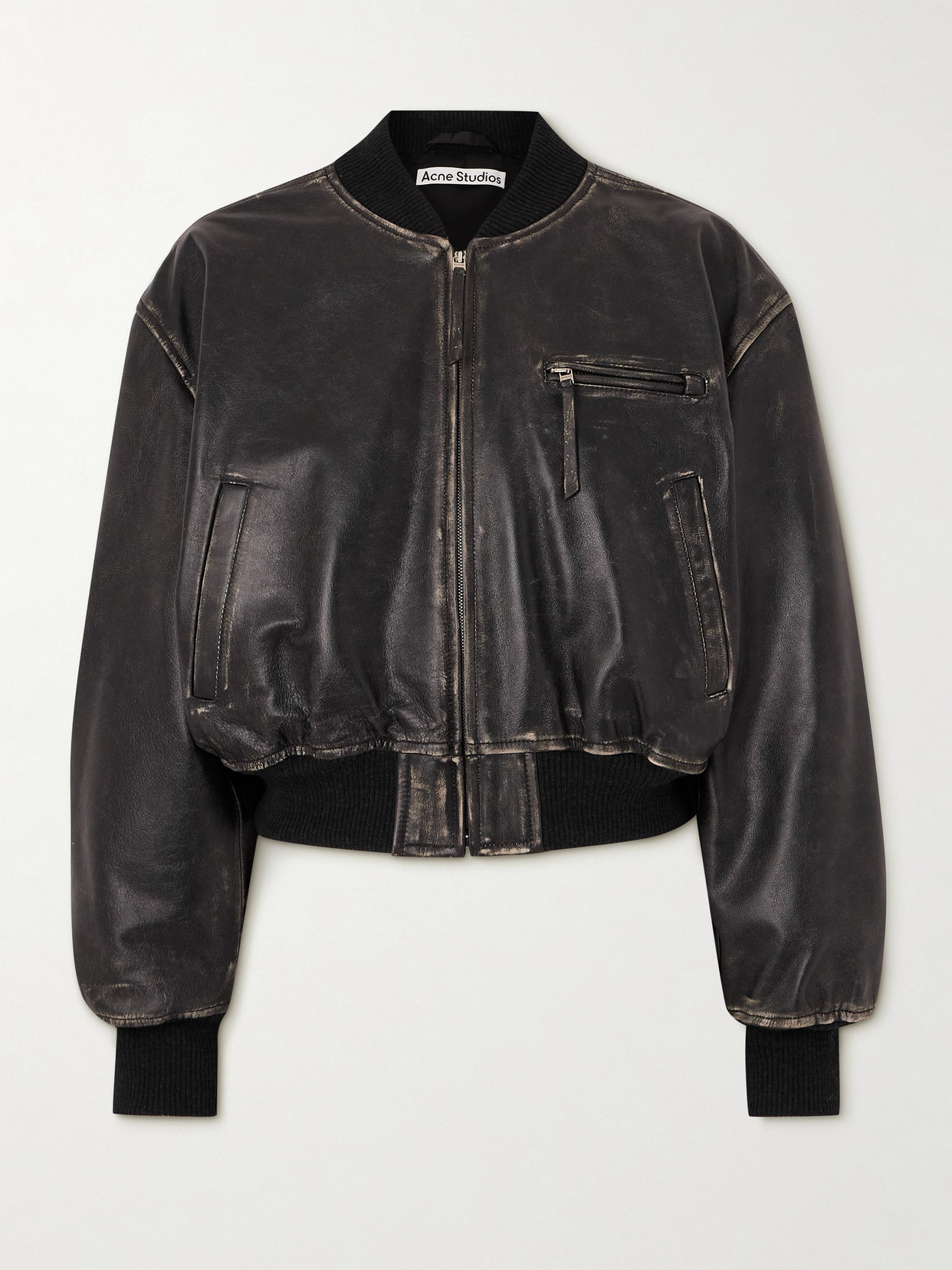 Acne Studios Distressed Leather Bomber Jacket In Black