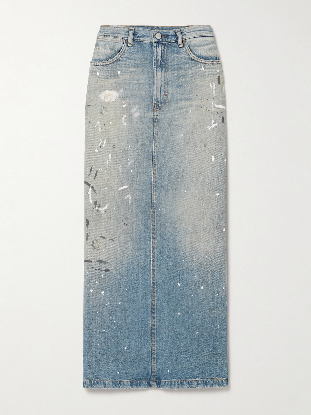 Shop Acne Studios Paint-splattered Denim Maxi Skirt In Blue