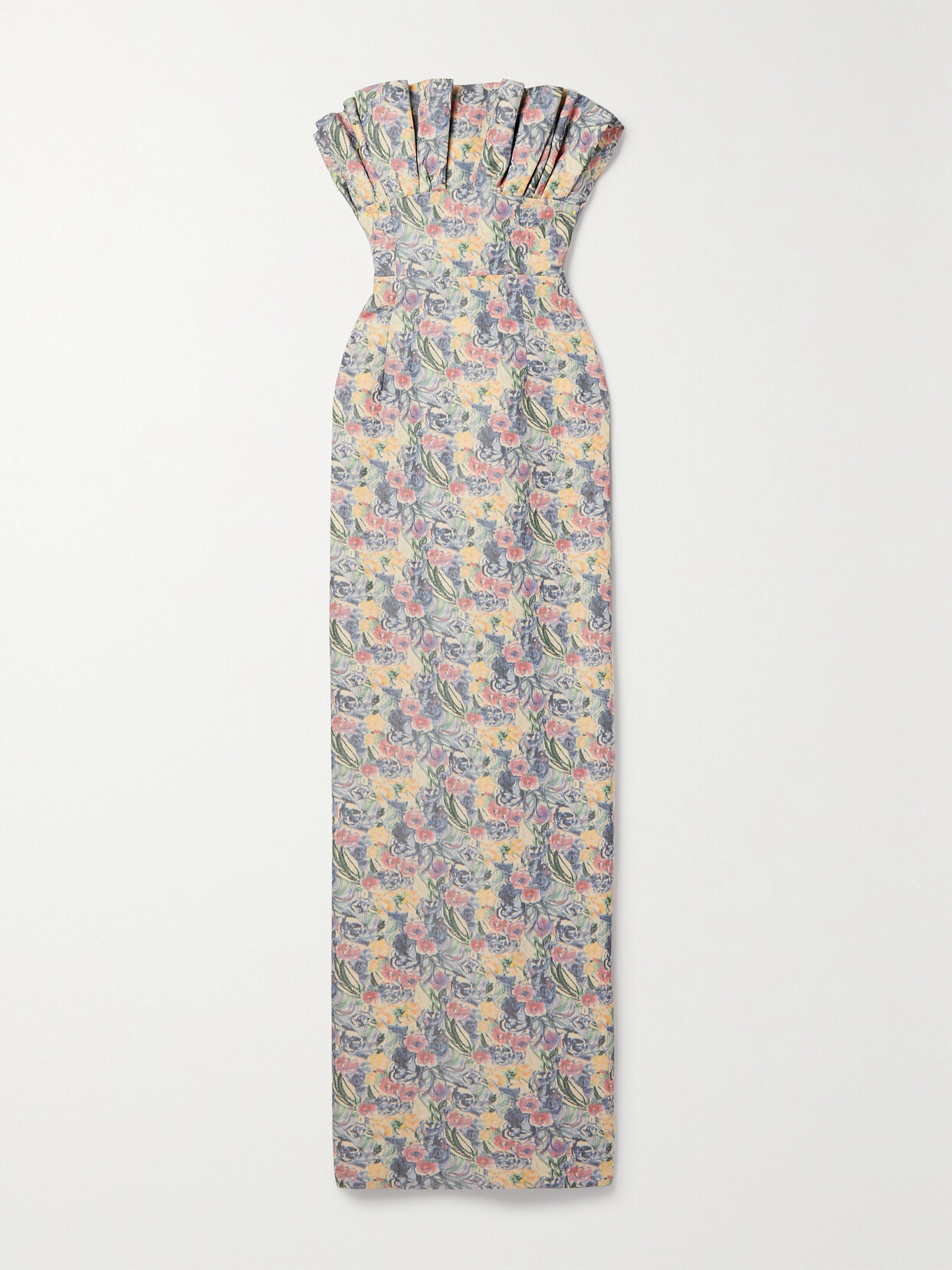 MARKARIAN DEMETRA STRAPLESS PLEATED FLORAL-PRINT LINEN-BLEND GOWN