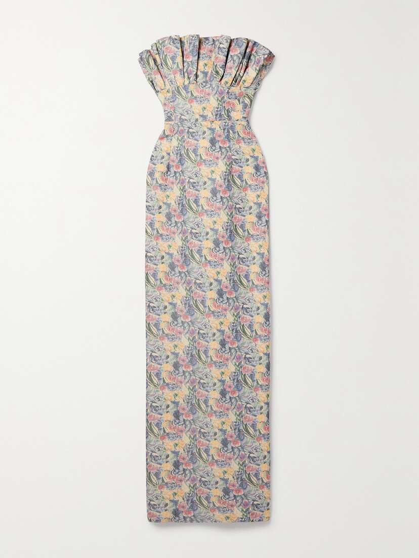 Markarian Demetra Strapless Pleated Floral-print Linen-blend Gown