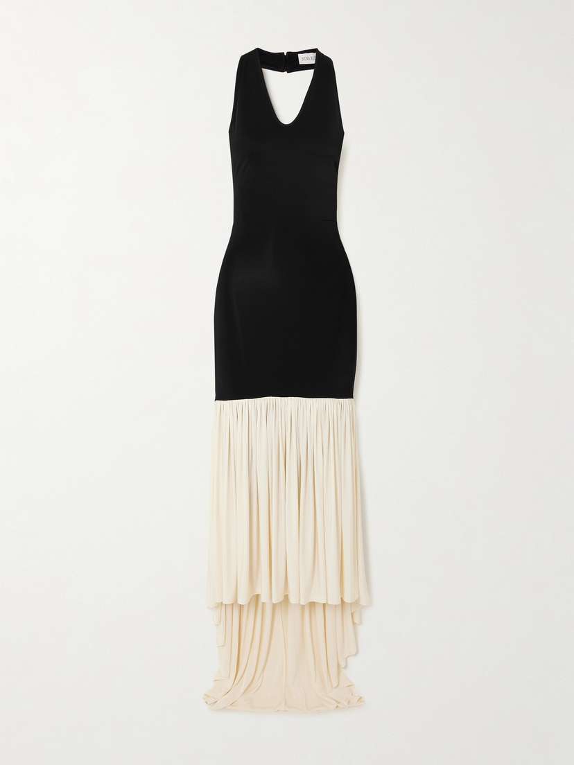 Nina Ricci Two-tone Pleated Jersey Halterneck Maxi Dress