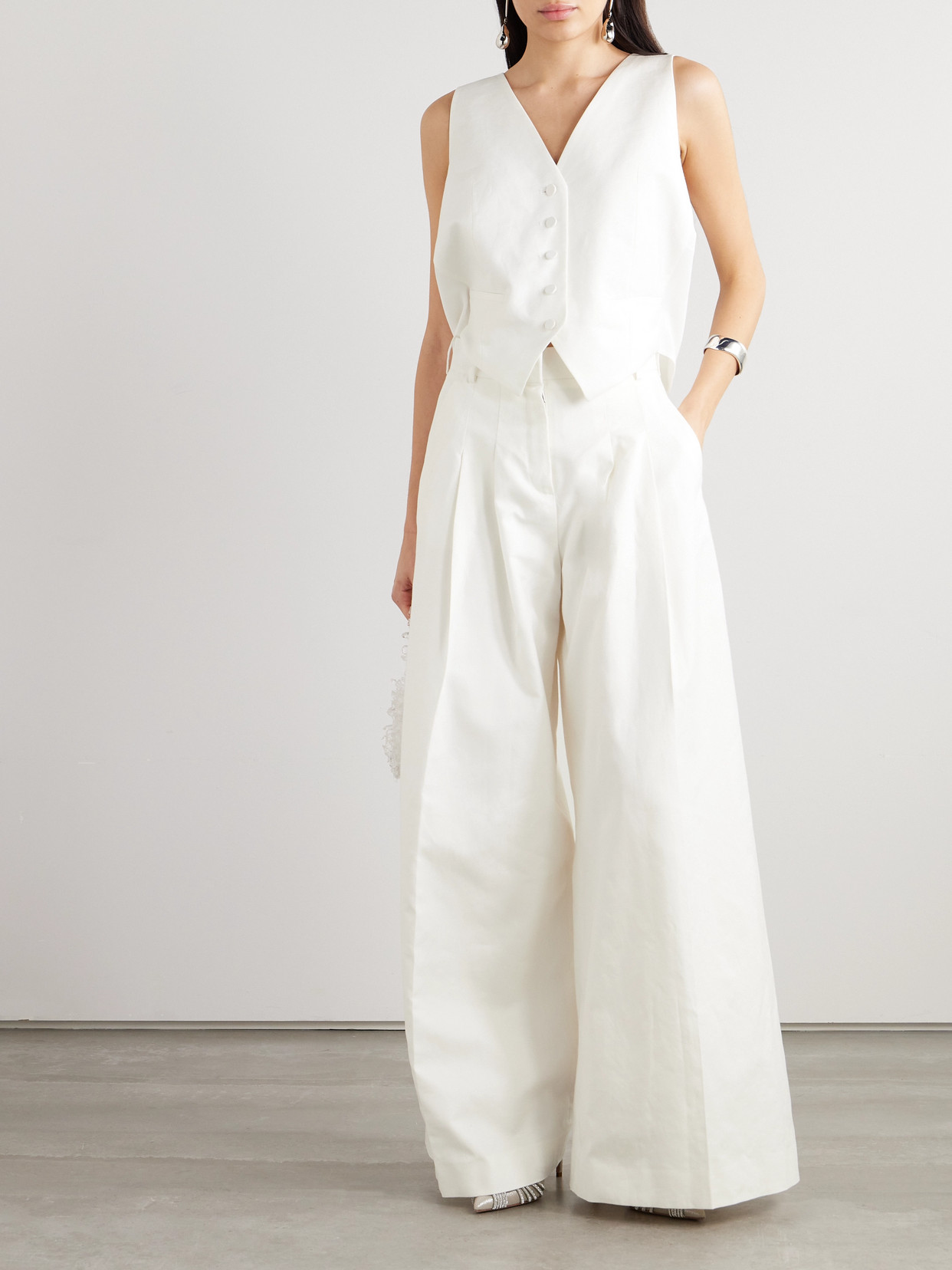 Nina Ricci Open-back Cotton And Linen-blend And Crepe Vest In White