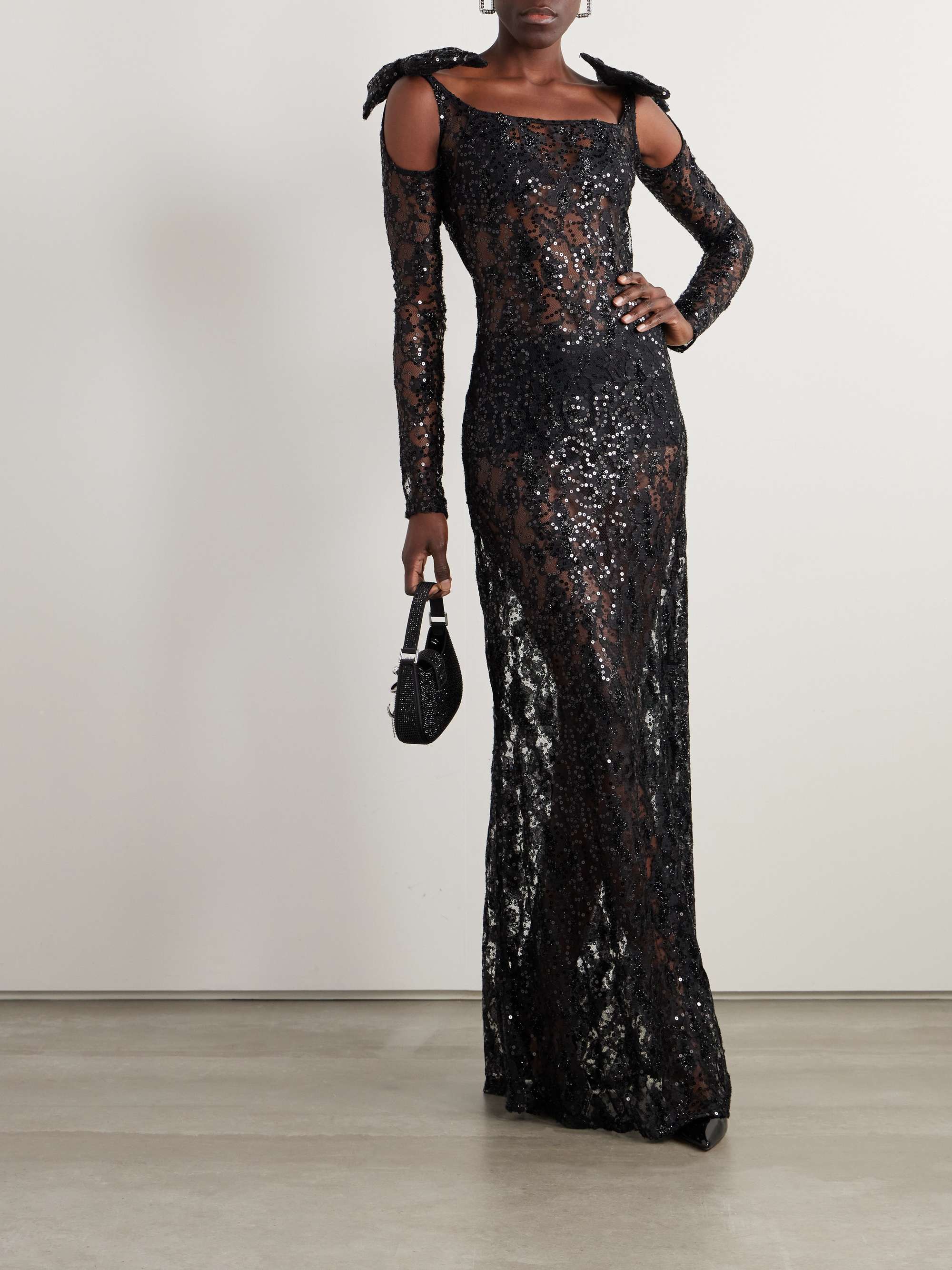Bow embellished cutout sequined lace gown black FR34