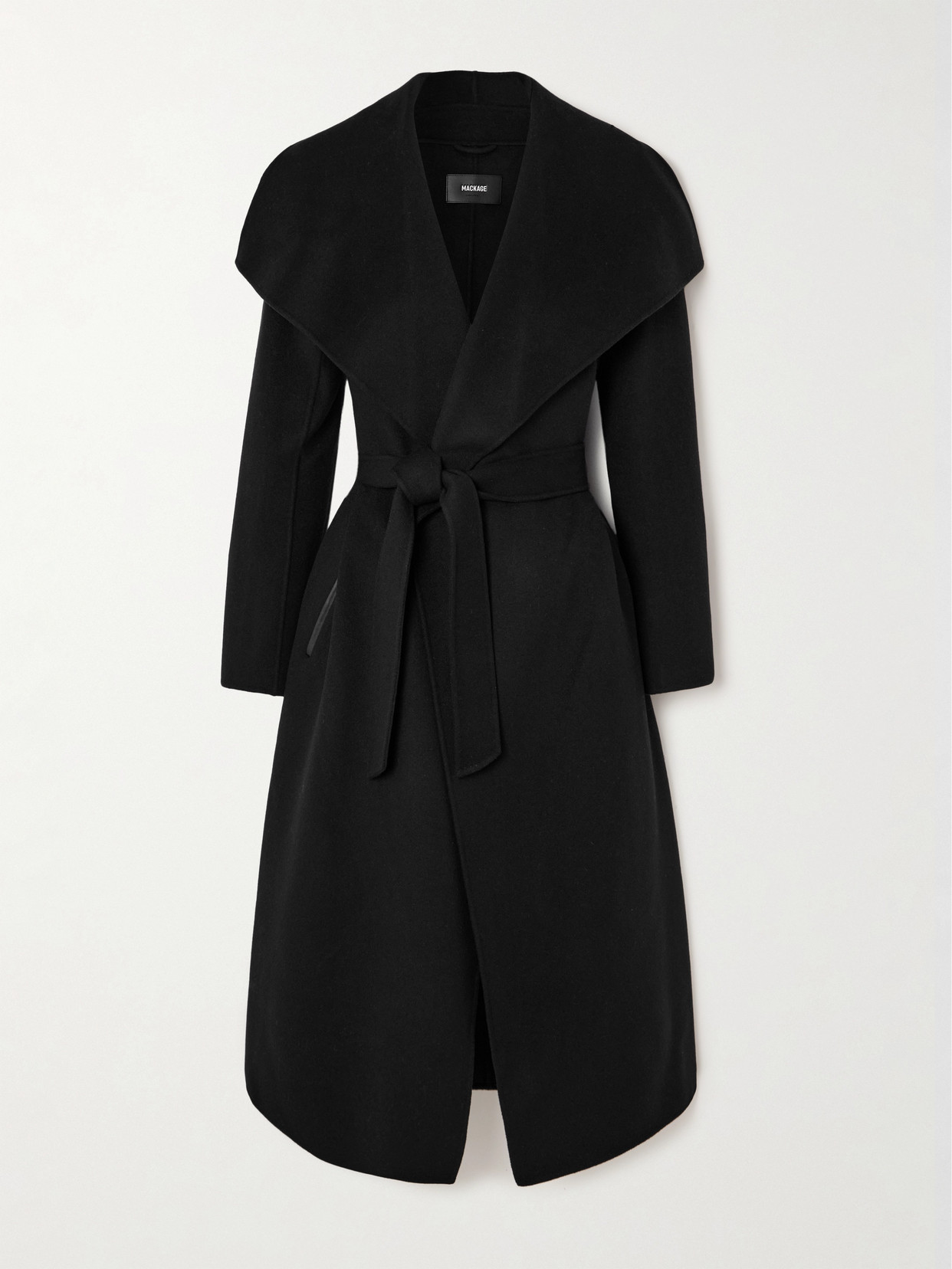 Shop Mackage Mai-cn Belted Leather-trimmed Wool Coat In Black