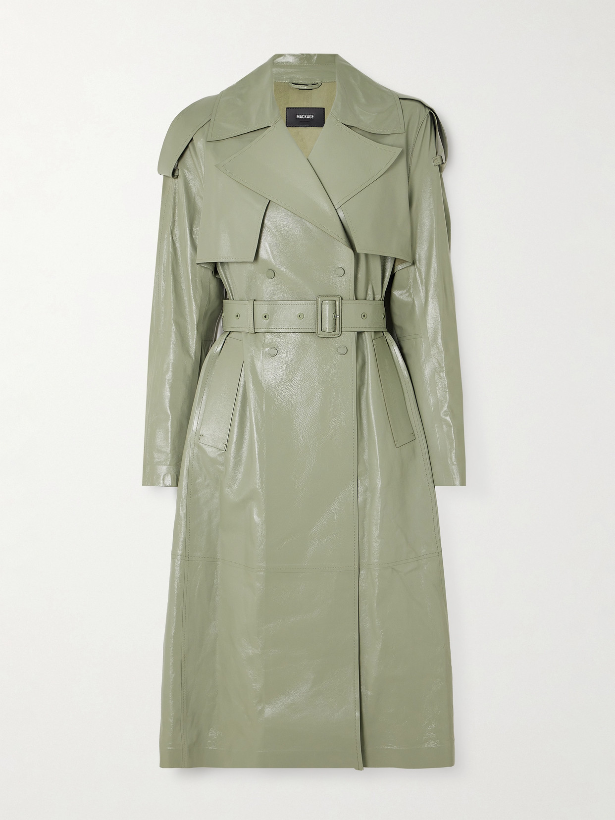 Mackage Carmela Double-breasted Belted Leather Trench Coat In Green