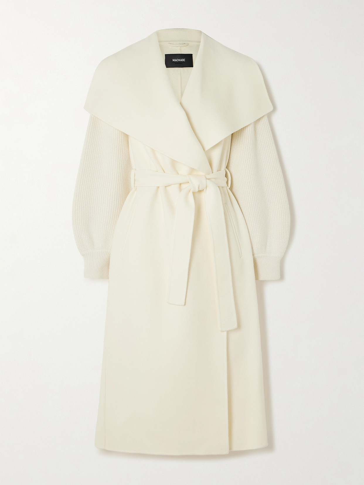 Shop Mackage Mai-nv Ribbed Belted Wool Coat In Ivory