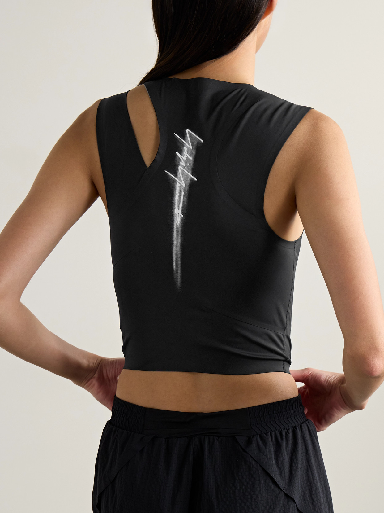 Shop Adidas Originals + Y-3 Cropped Cutout Printed Stretch Recycled Tank In Black