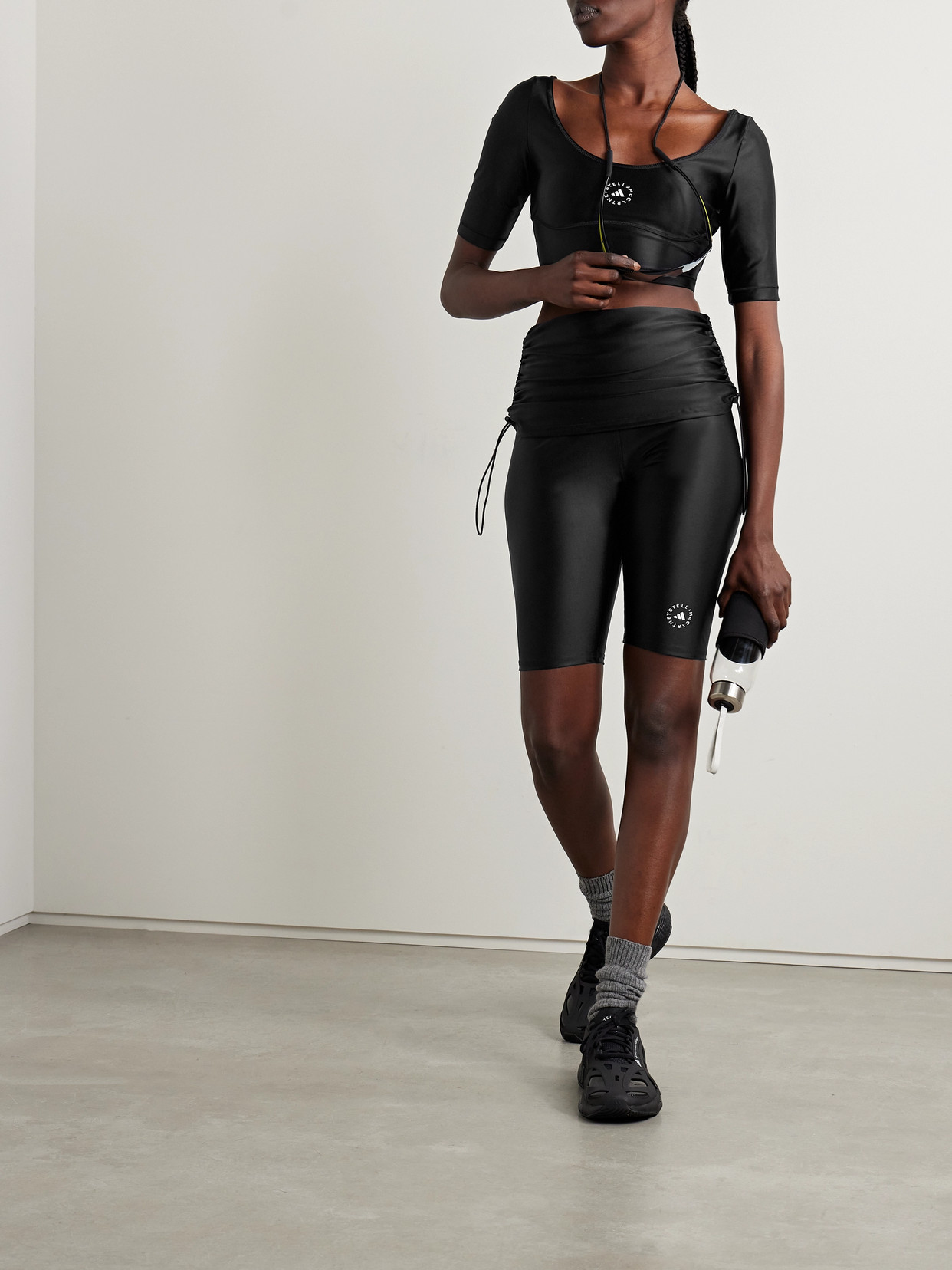 Adidas By Stella Mccartney Truepurpose Layered Stretch Recycled-jersey Shorts In Black