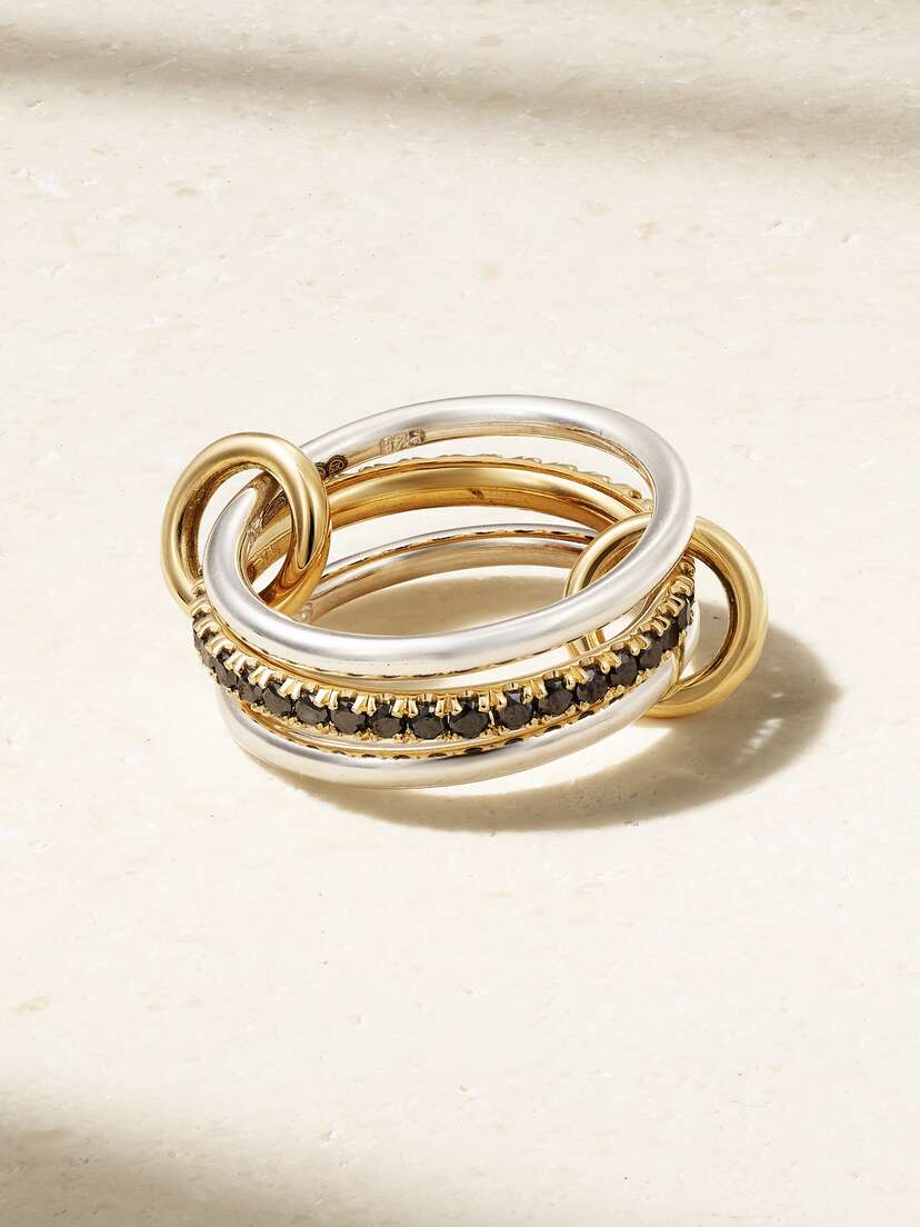 Spinelli Kilcollin Tigris Set Of Three 18-karat Gold, Sterling Silver And Blackened Diamond Rings