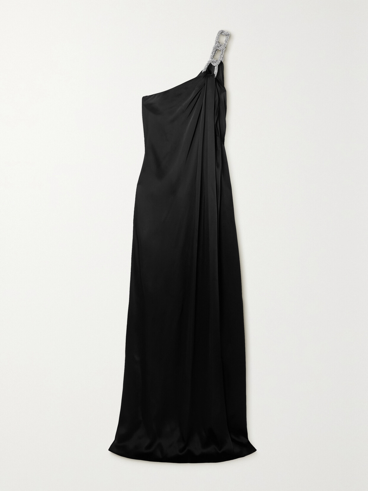 Shop Stella Mccartney Falabella One-shoulder Crystal-embellished Satin Gown In Black