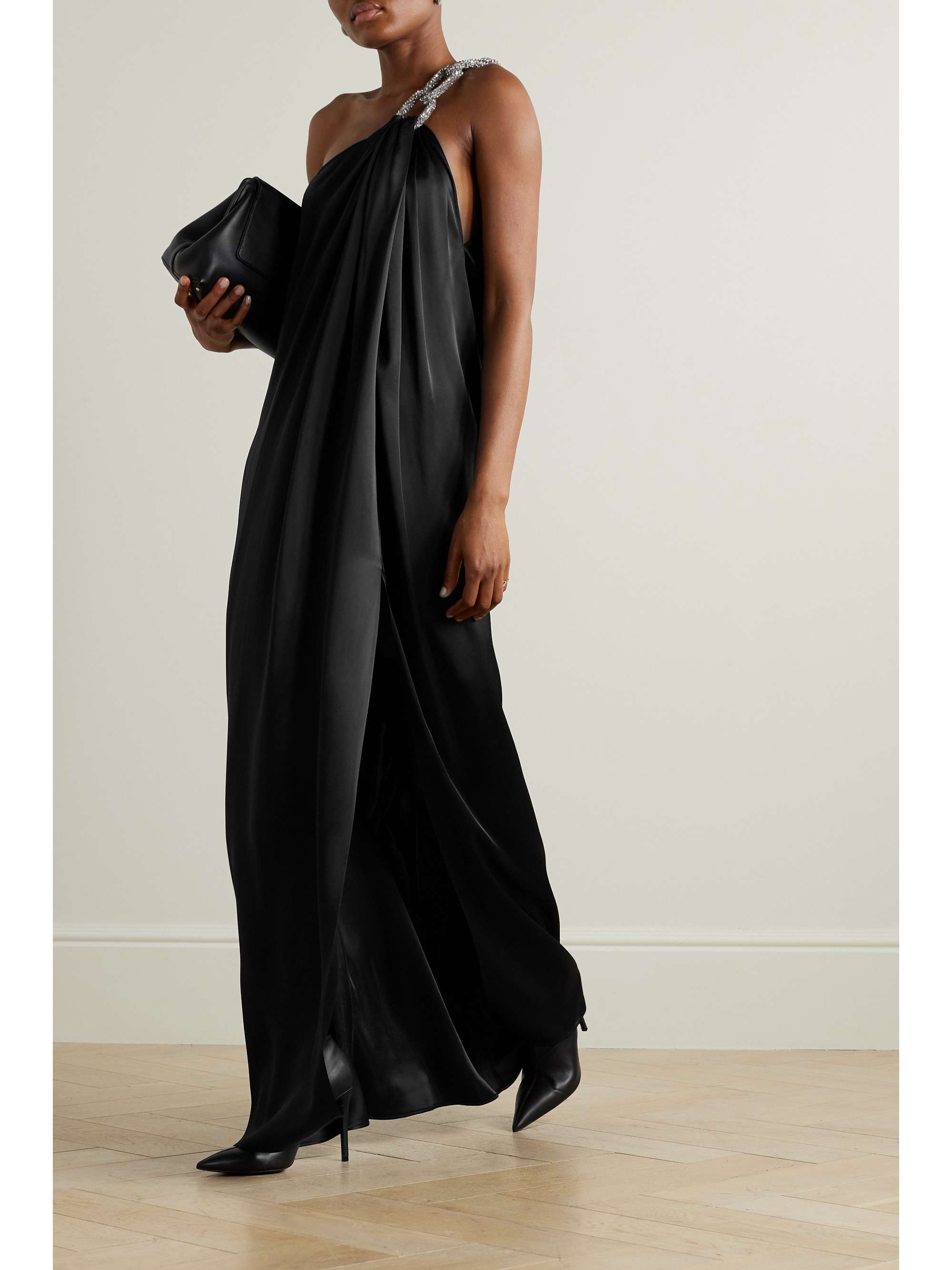 STELLA MCCARTNEY Falabella one-shoulder crystal-embellished satin gown ...