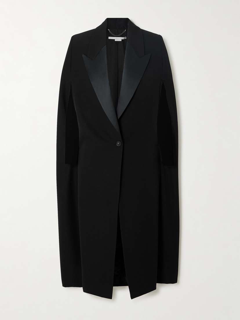 Stella McCartney + Net Sustain Cape-effect Satin-trimmed Grain De Poudre Wool Jacket